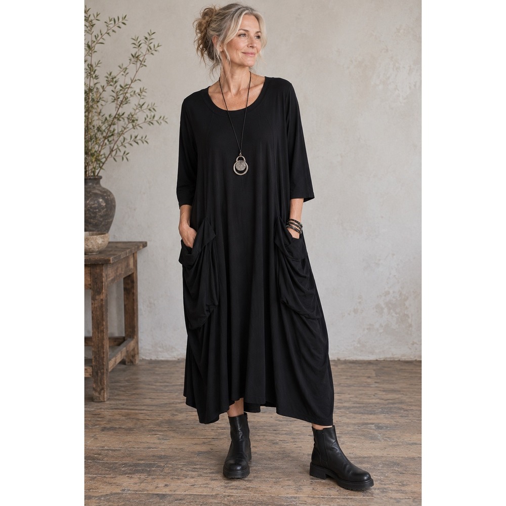 Alembika Black Essential Cargo Pockets Cocoon Midi Dress Lagenlook 6 US 16-18 XL
